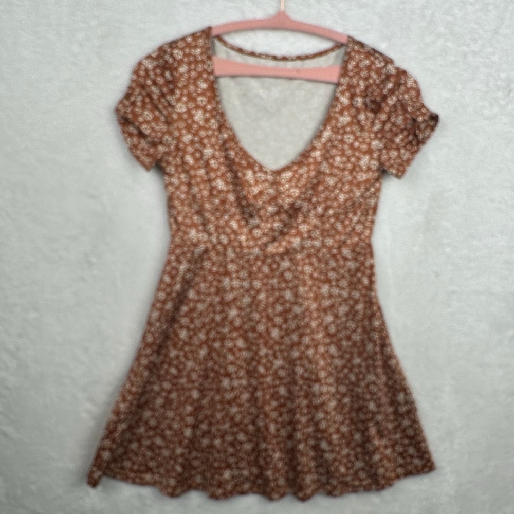 SHEIN Mini Dress Women XS Brown Floral V-Neck Short Sleeve Fit & Flare